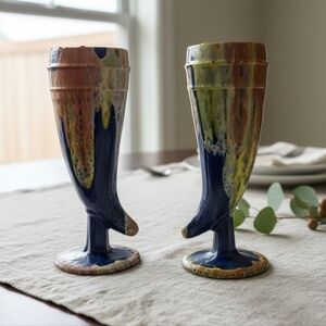 2 HANDCRAFTED Upcycled Glass Goblets HANDPAINTED Abstract Viking Drinkwear Art